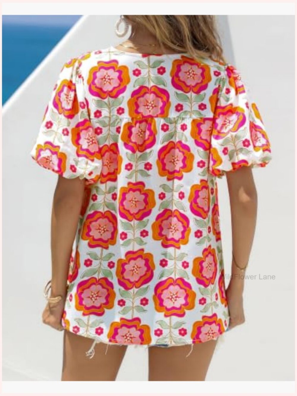 Boho Floral V Neck Blouse Drawstring Short Sleeve Summer Shirt - Picture 3 of 7